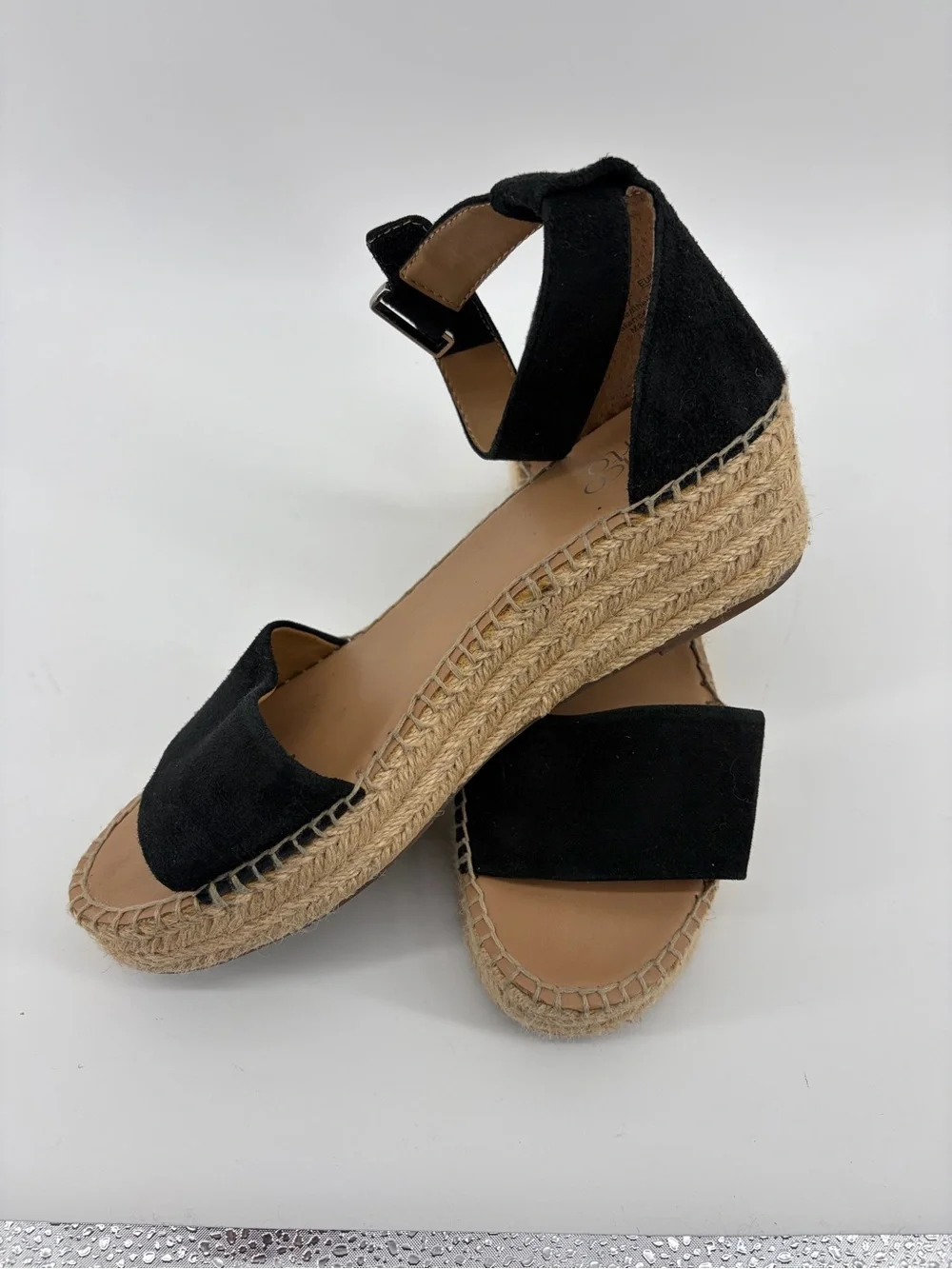 Franco Sarto Pela Platform Sandals, Black Suede, Classic Espadrille Jute Wrapped